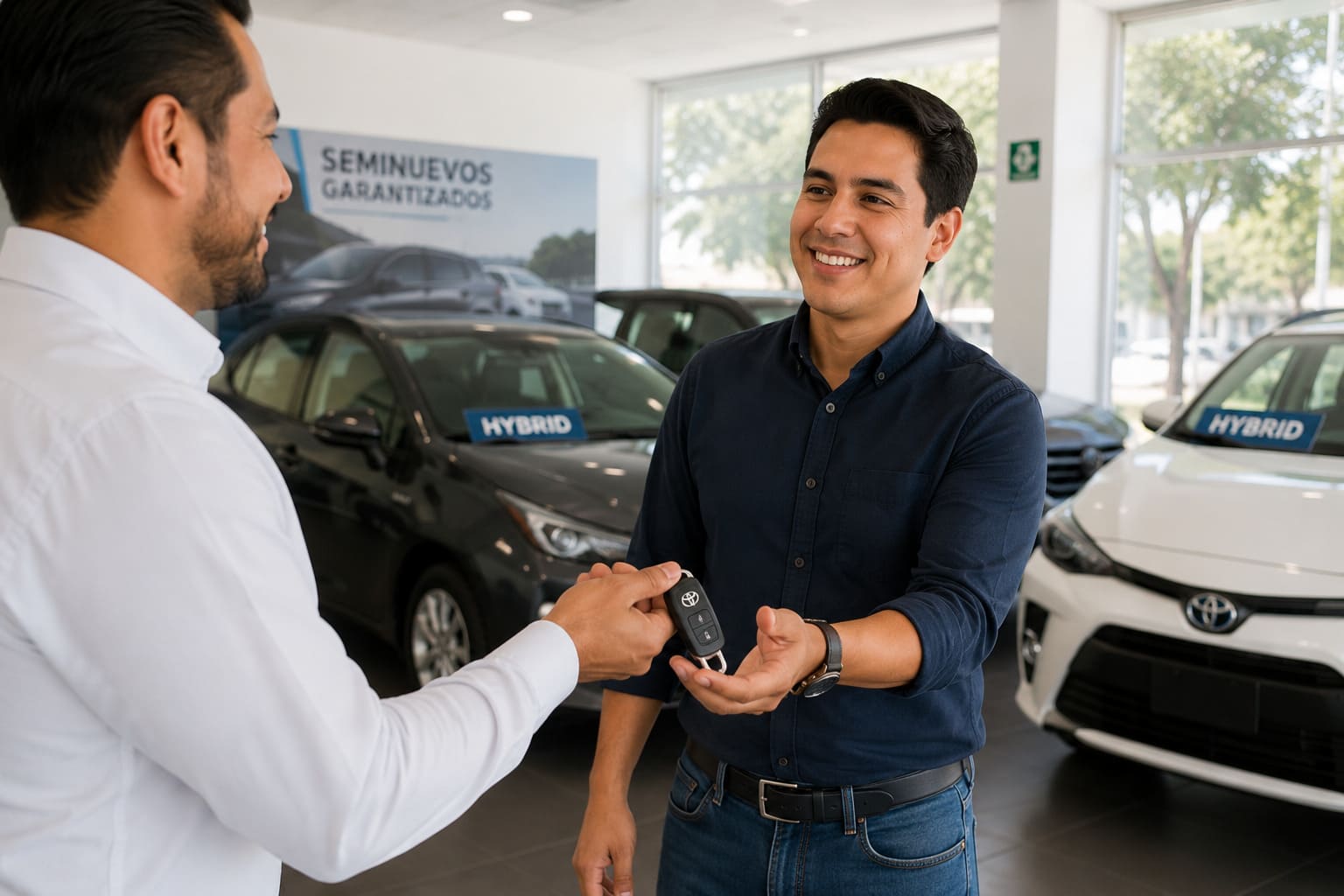 Entrega de llaves de un auto híbrido seminuevo