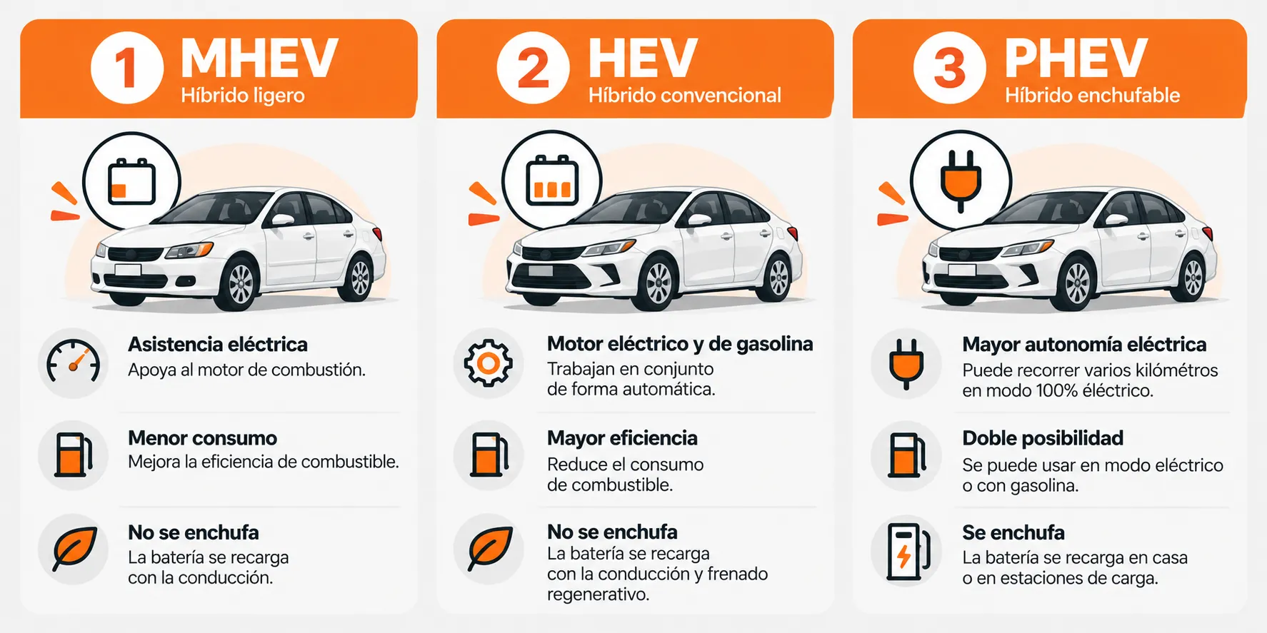 Tipos de auto híbrido, ligero, convencional y enchufable
